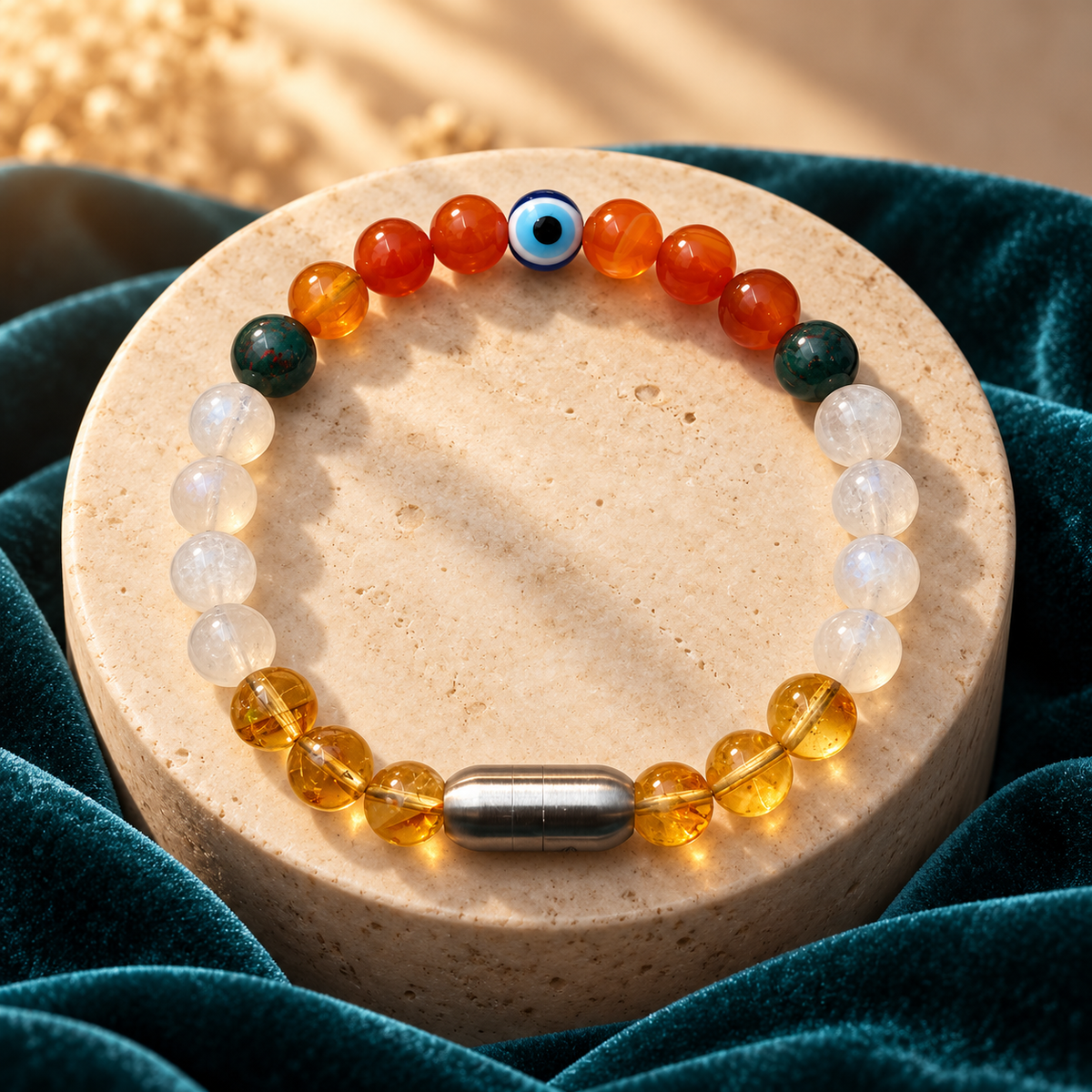 Courage, Prosperity & Protection Natural Gemstone Bracelet – 8mm with Evil Eye & Silver GemSnap | GemKrishna