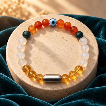 Courage, Prosperity & Protection Natural Gemstone Bracelet – 8mm with Evil Eye & Silver GemSnap | GemKrishna