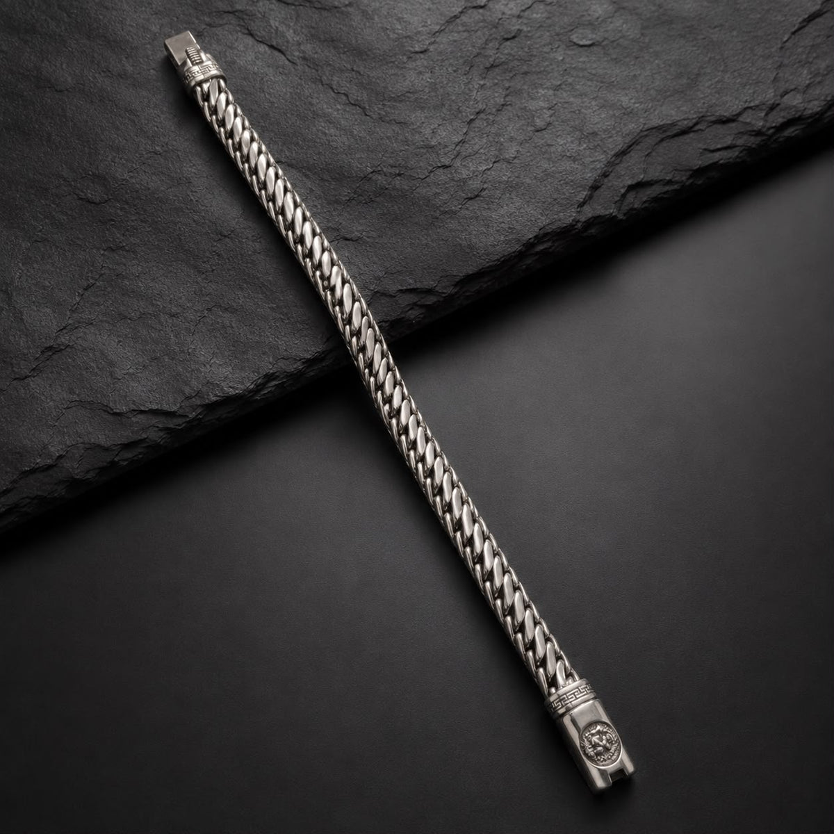 Double-row Franco link 925 sterling silver bracelet for men with engraved clasp end
