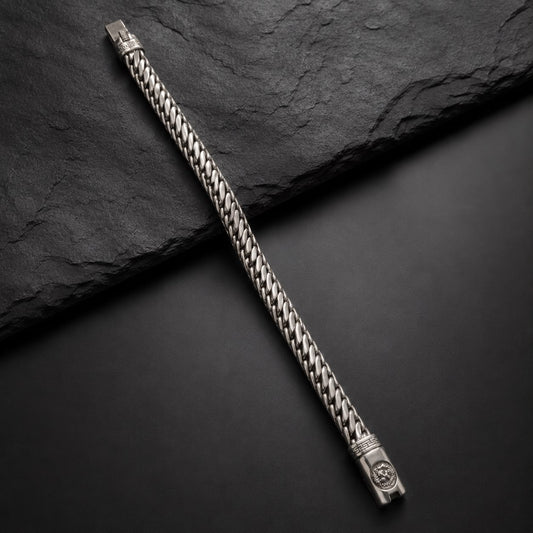 Double-row Franco link 925 sterling silver bracelet for men with engraved clasp end