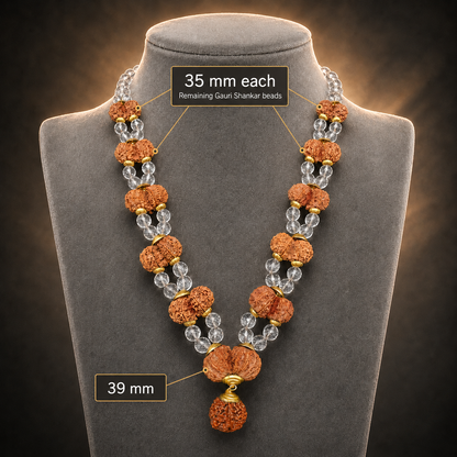Double-strand rudraksha mala on bust with clear crystal beads and gold-toned Gauri Shankar details
