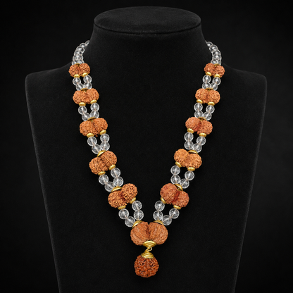 Double-strand rudraksha mala with clear crystal beads and Gauri Shankar and 5 mukhi Ganesh pendants