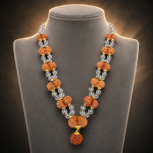 Double-strand rudraksha mala with 35–36 mm Gauri Shankar beads and clear crystal accents