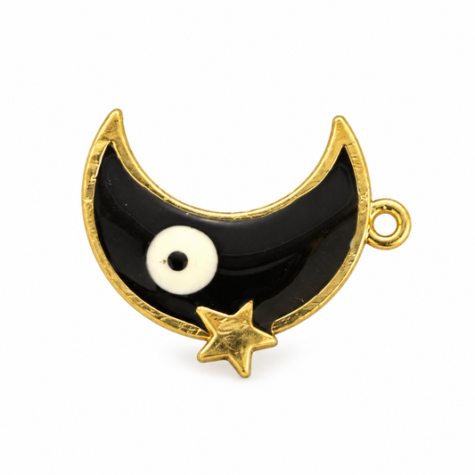 Black Crescent Moon Evil Eye Charm with Star – Gold-Tone Nazar Protection