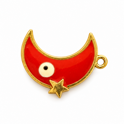 Red Crescent Moon Evil Eye Charm with Star – Gold-Tone Nazar Protection
