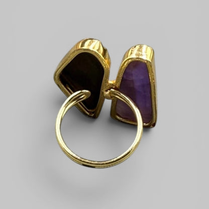 Natural dual amethyst and tiger's eye rough gemstone ring with open band view
