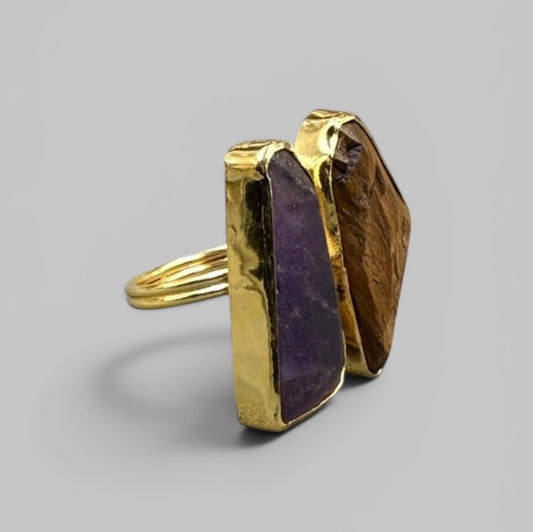 Natural dual amethyst and tiger's eye rough gemstone gold-tone metal ring side view