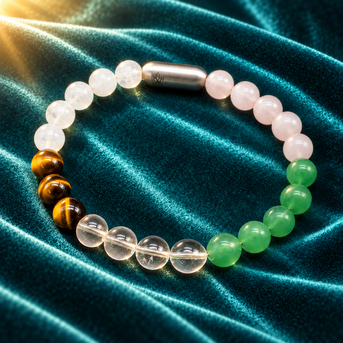 Courage, Love & Growth Natural Gemstone Bracelet – Tiger Eye, Rose Quartz, Green Aventurine & Moonstone | GemKrishna