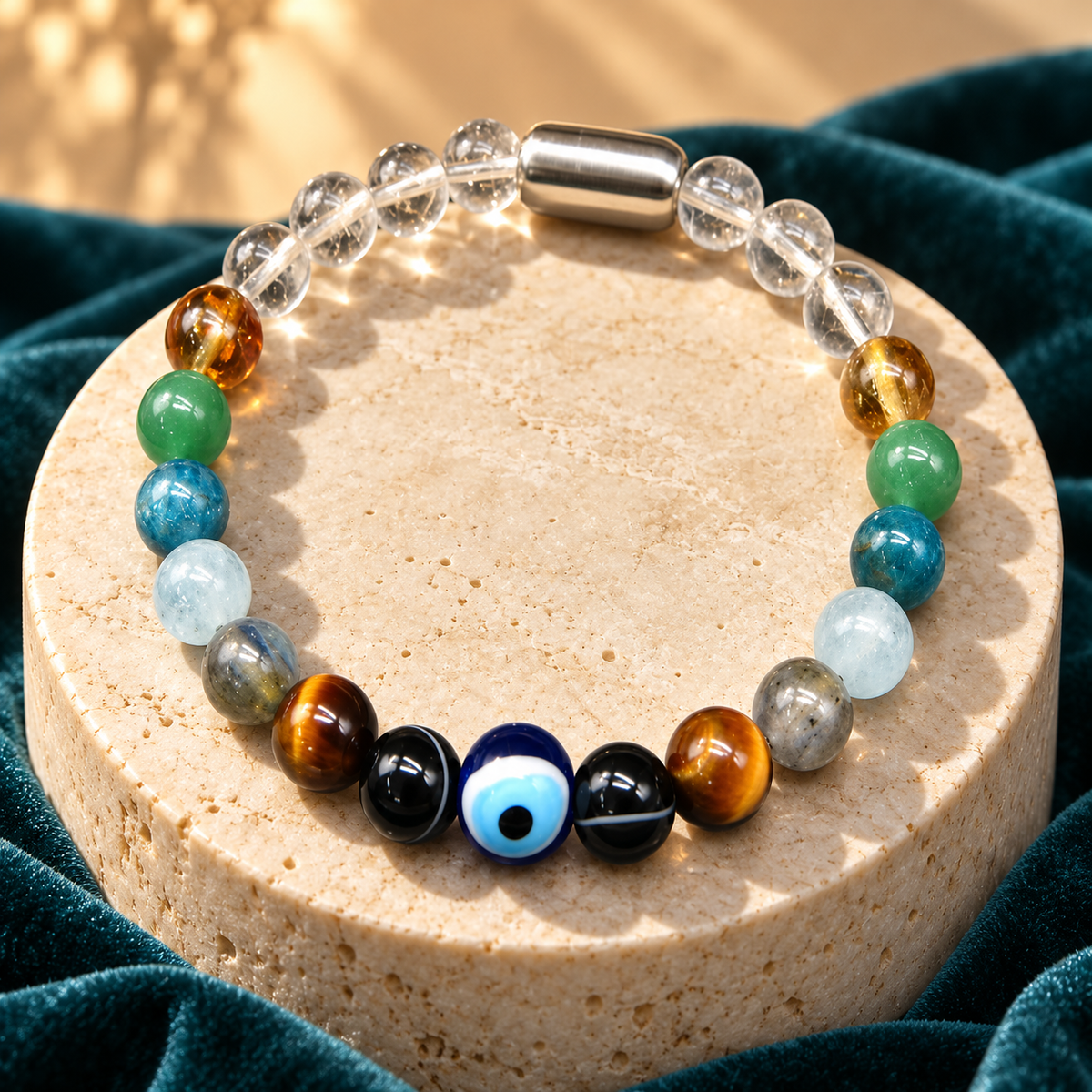 Confidence, Clarity & Growth Gemstone Bracelet – 8mm with Evil Eye, Silver GemSnap & GJSPC Lab Report | GemKrishna