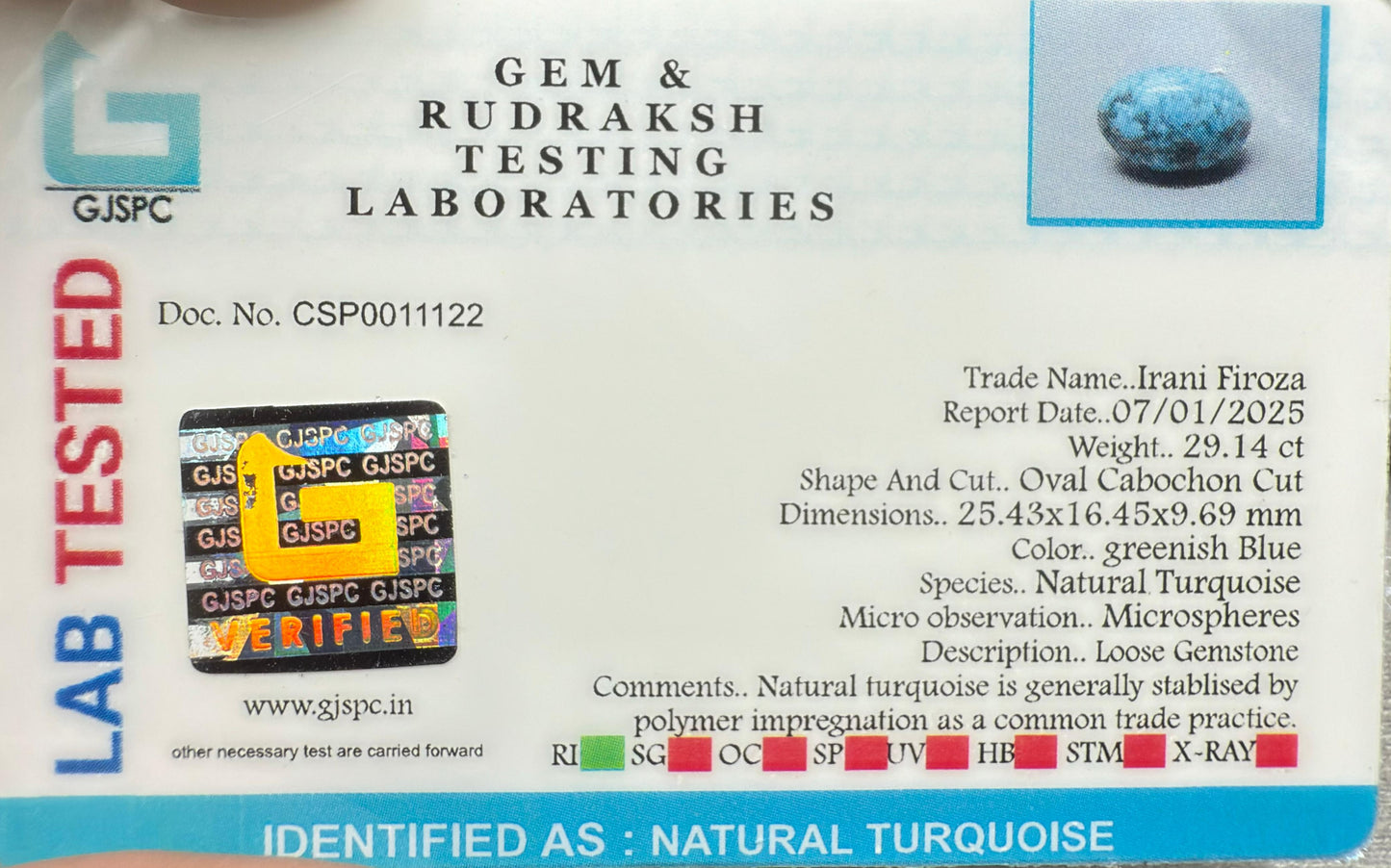 Natural Turquoise 29.14 ct Certificate No. CSP001122