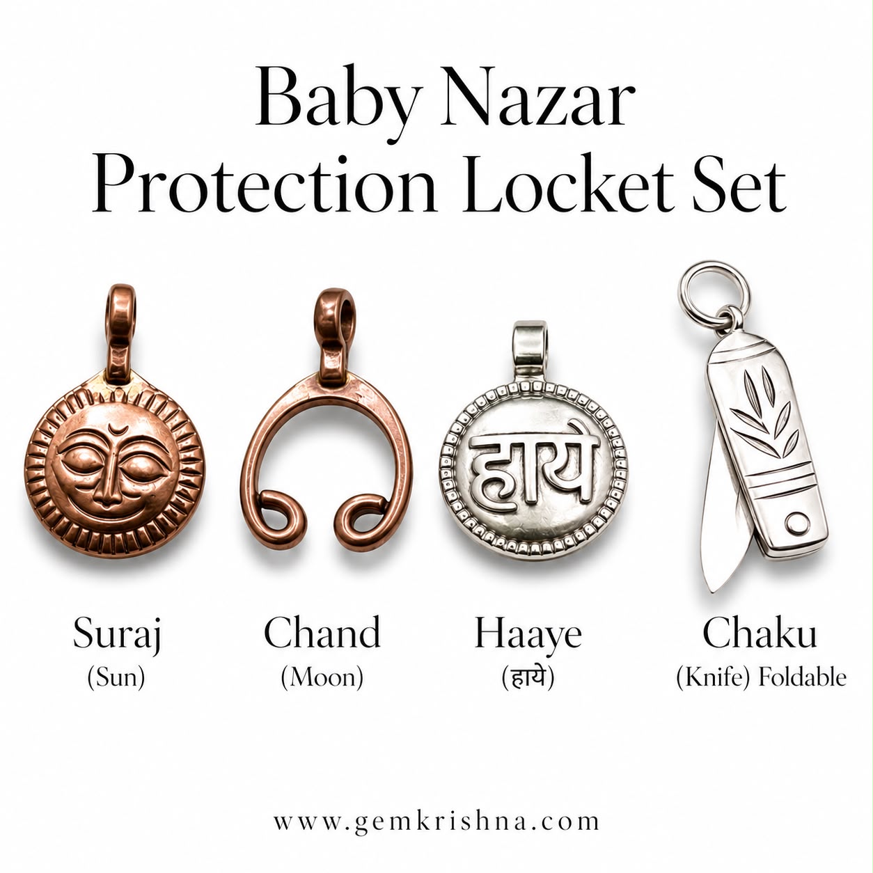 Baby Nazar Protection Locket Set of 4 – Suraj, Chand, Haaye & Chaku Lab Certified
