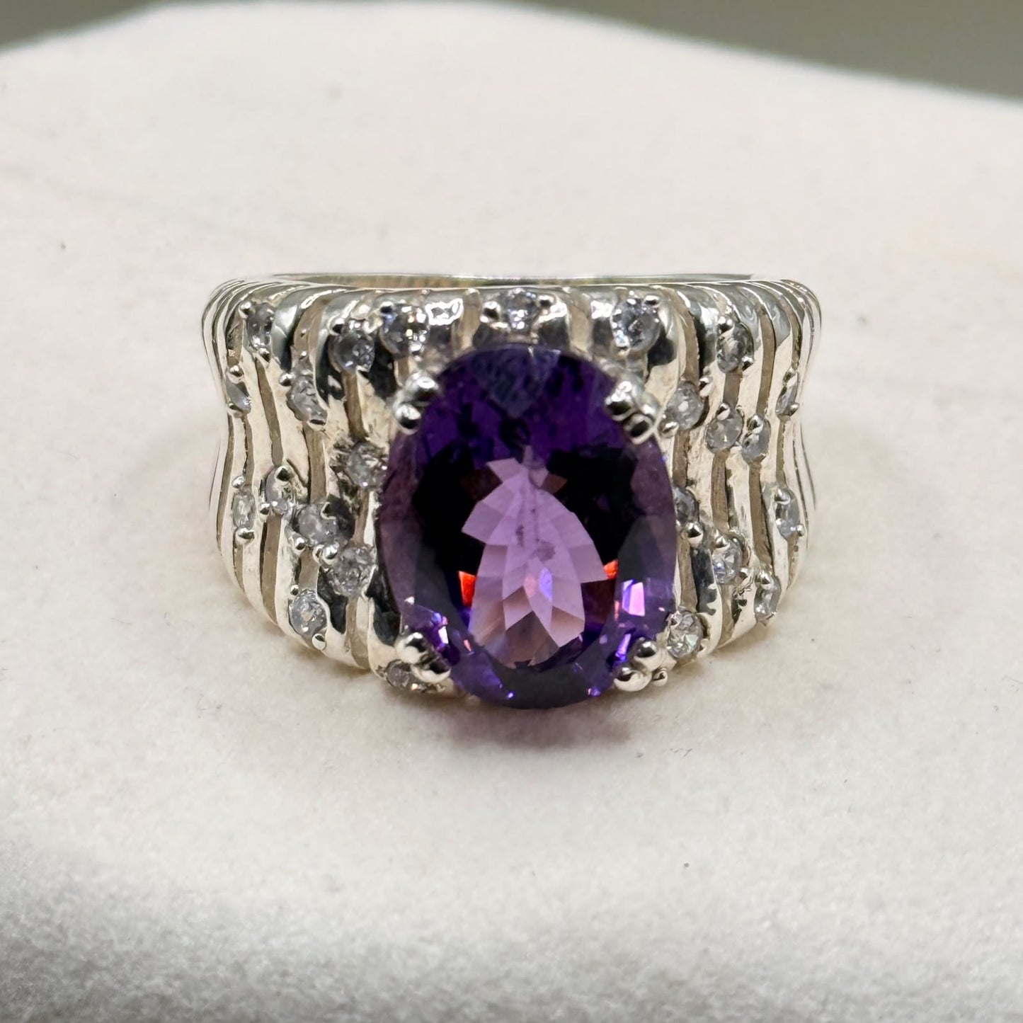 Natural Amethyst 925 Sterling Silver Ring | 8.11 Ct Oval Faceted Purple Amethyst | 10g Total Weight | Broad Statement Band with White Accent Stones | Lab Certified
