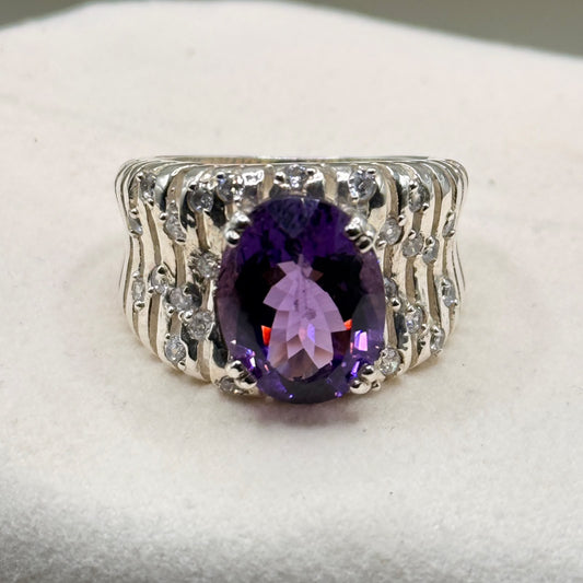 Natural Amethyst 925 Sterling Silver Ring | 8.11 Ct Oval Faceted Purple Amethyst | 10g Total Weight | Broad Statement Band with White Accent Stones | Lab Certified