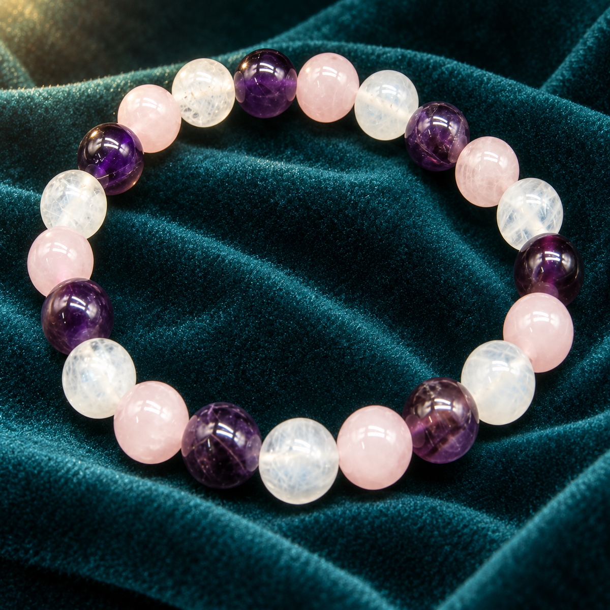 Love, Calm & Balance Bracelet – Moonstone, Rose Quartz & Amethyst, 8mm with GJSPC Lab Report | GemKrishna