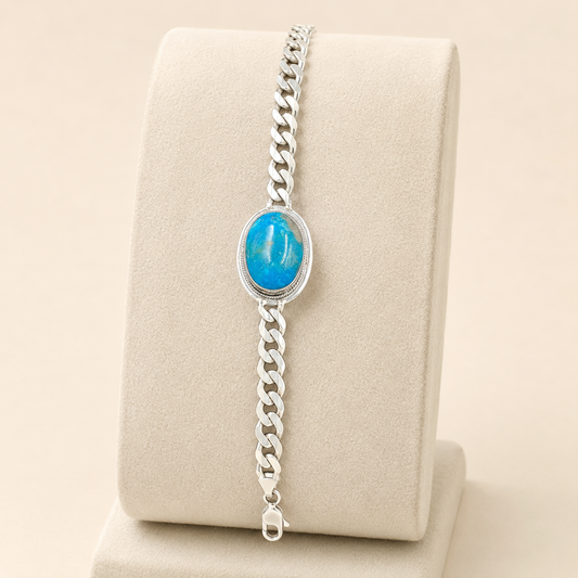 Unisex Turquoise 925 Sterling Silver Cuban Bracelet (Protection & Communication) (34.61 Gram)