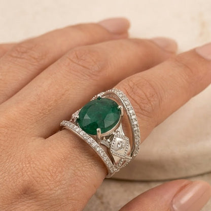 925 Silver Panna Ring with Oval Emerald and Clear Stone Designer Setting