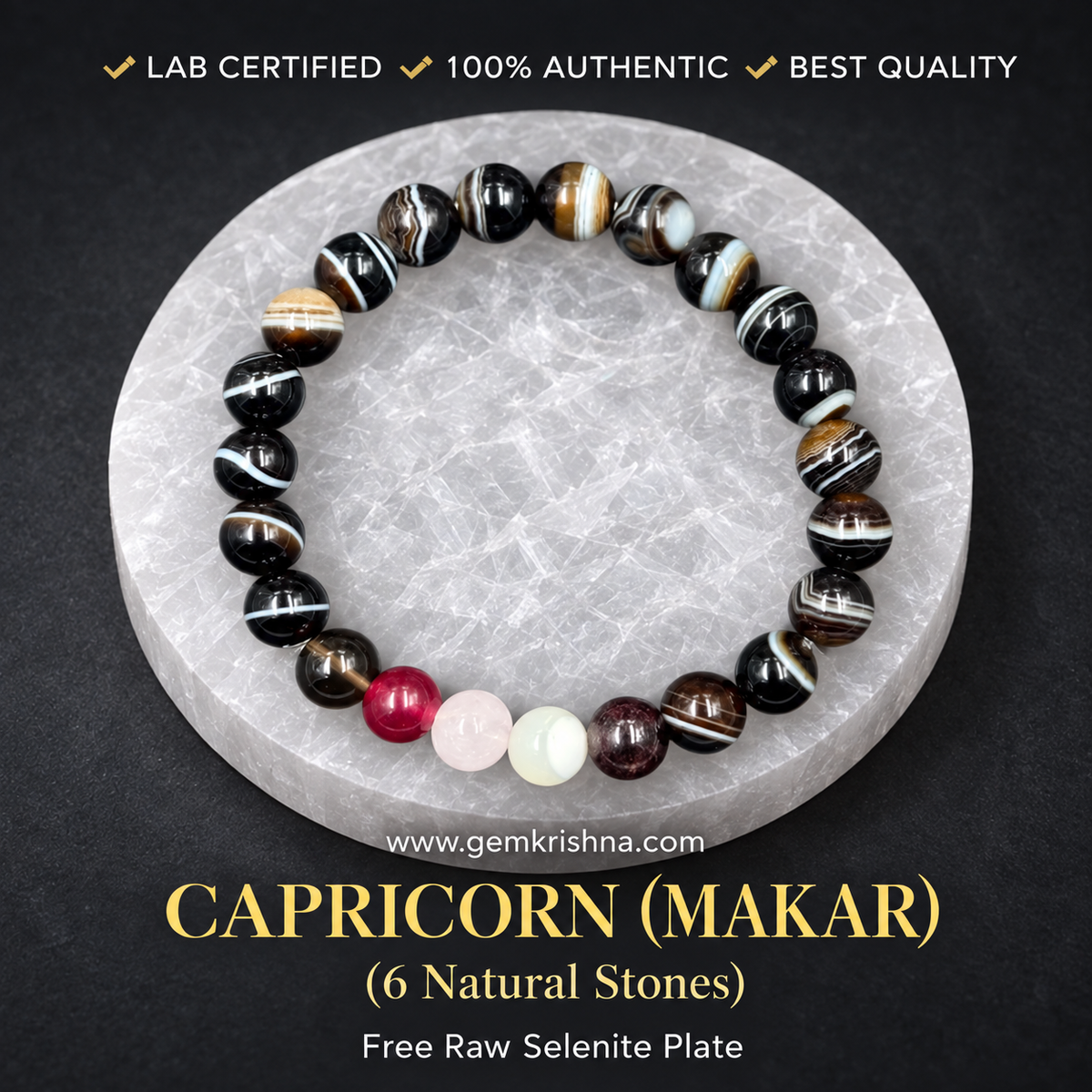 Capricorn (Makar) Zodiac Bracelet – 6 Natural Stones: Banded Agate, Garnet, Mother of Pearl, Rose Quartz, Ruby & Smoky Quartz