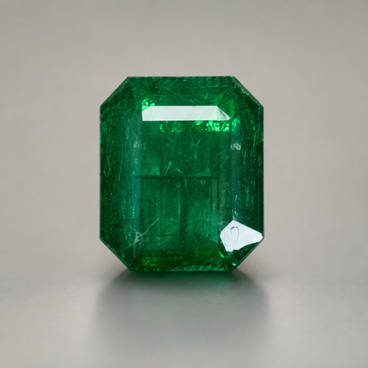 Emerald green gemstone in an emerald cut with bright facets on a gray background