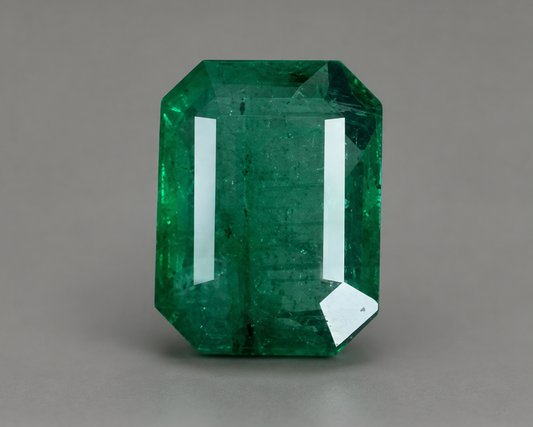Emerald gemstone in an emerald-cut shape, showing deep green faceting