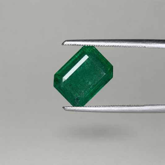 Emerald 5.44 carats gemstone in prongs, step-cut emerald green gem close-up