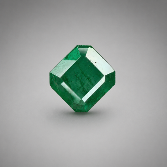 Emerald green gemstone with faceted cushion shape, 8.07 carats