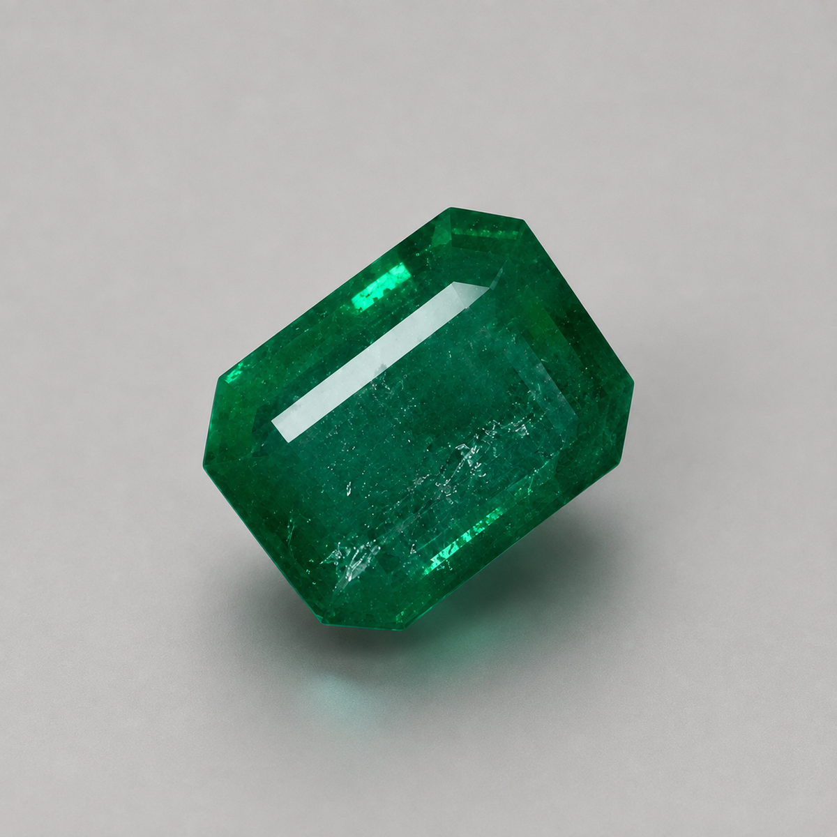 Emerald green faceted gemstone, emerald – 6.00 carat, close-up on light background