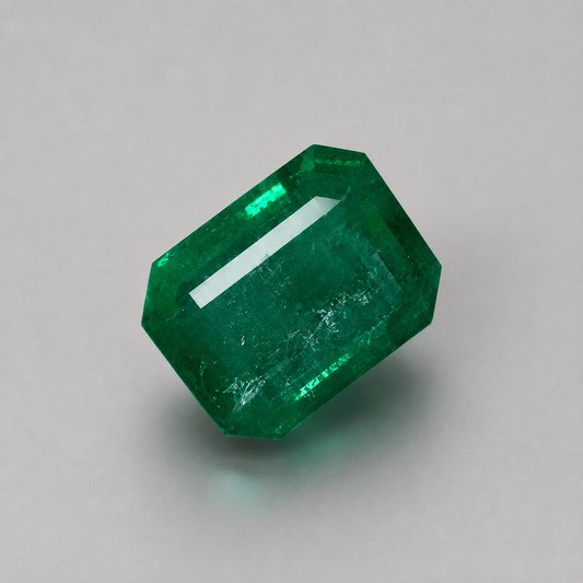 Emerald green faceted gemstone, emerald – 6.00 carat, close-up on light background