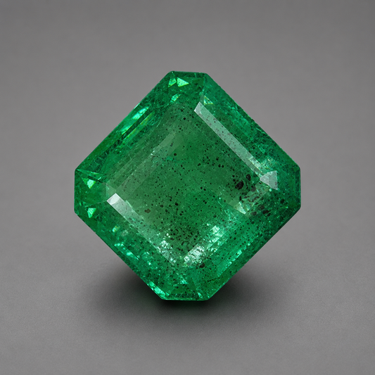 Emerald green gemstone cut in a square emerald style with visible facets