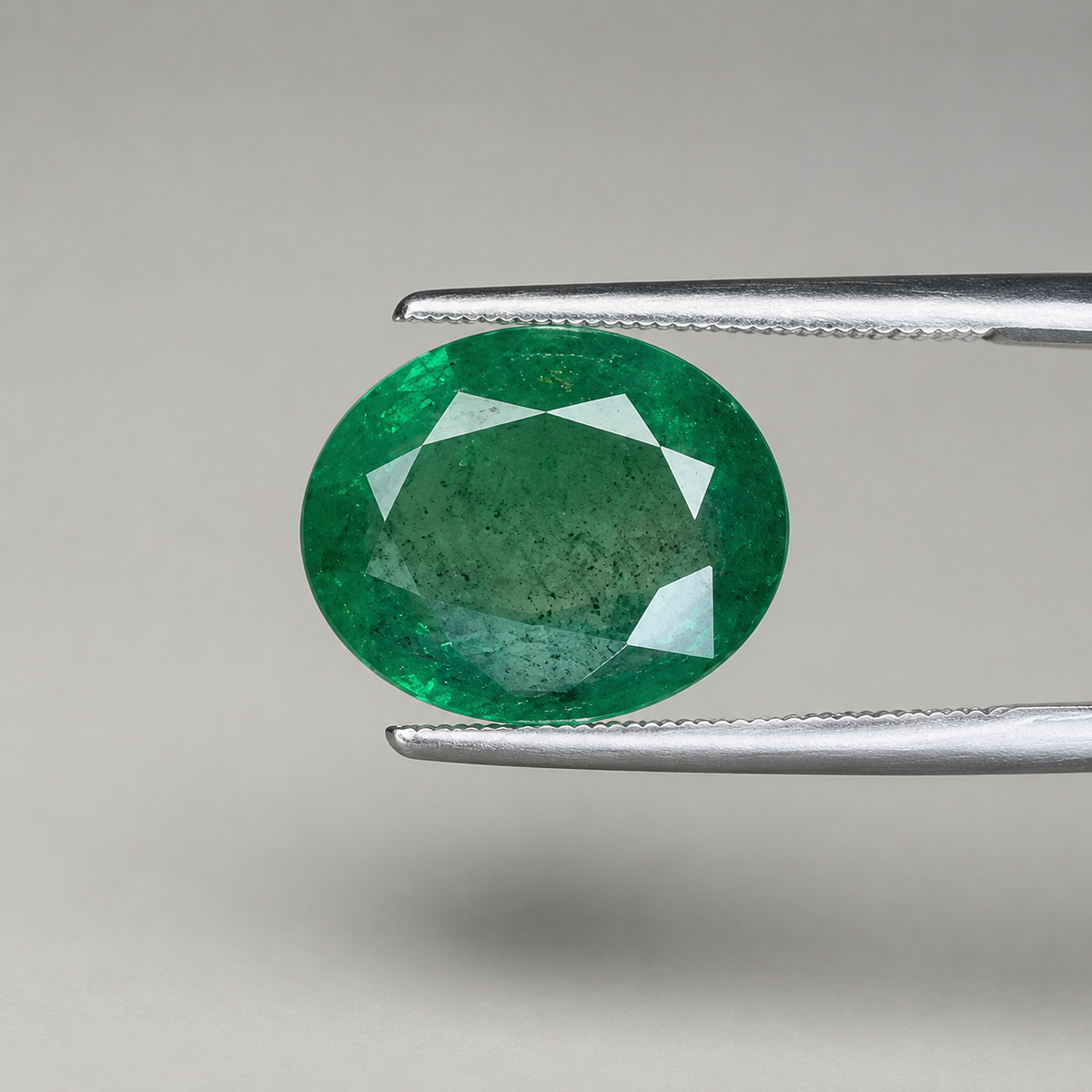 Emerald 7.46-carat oval gemstone close-up in prongs