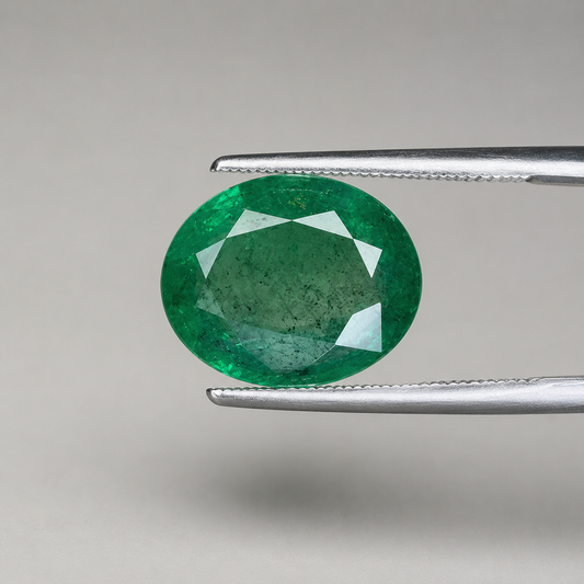 Emerald 7.46-carat oval gemstone close-up in prongs
