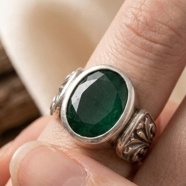 Green emerald panna ring on finger showing engraved silver side band details