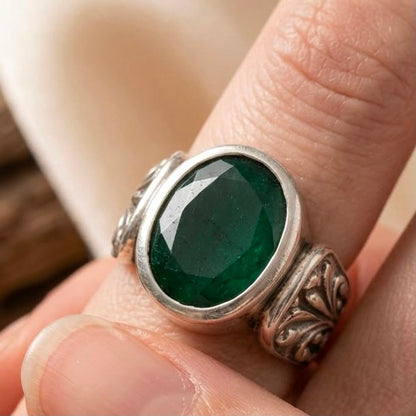 Green emerald panna ring on finger showing engraved silver side band details