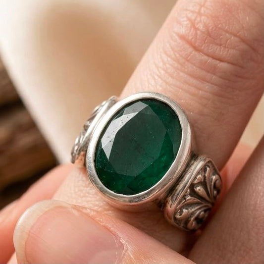 Green emerald panna ring on finger showing engraved silver side band details