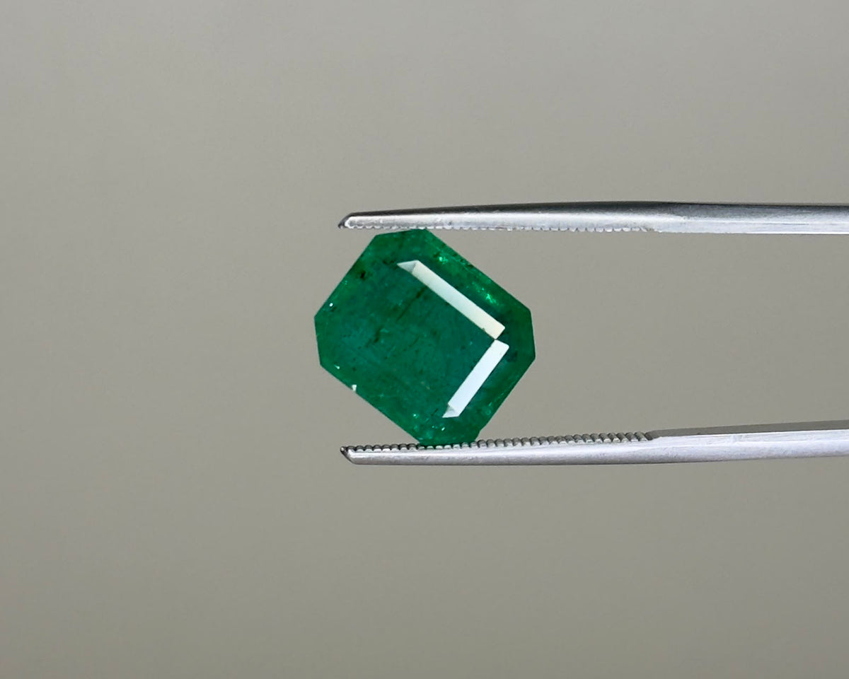 Emerald gemstone in step-cut octagon with visible facet highlights