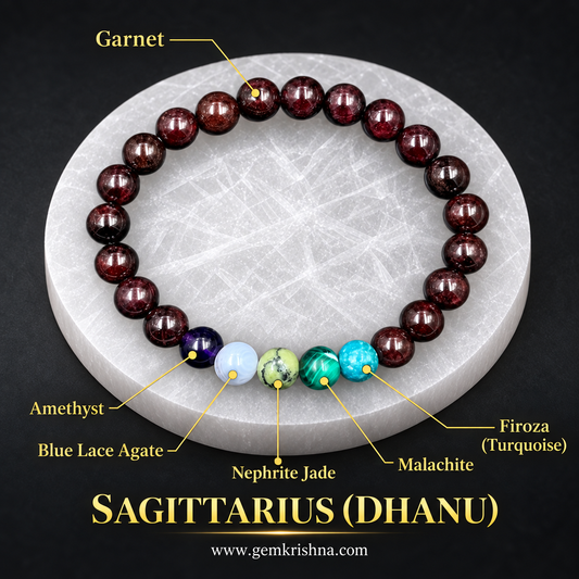 Sagittarius (Dhanu) Zodiac Bracelet – 6 Natural Stones: Garnet, Amethyst, Blue Lace Agate, Nephrite Jade, Malachite & Firoza (Turquoise)
