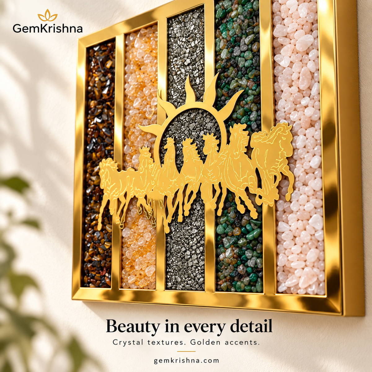 Dhanyog 7 Horses Natural Crystal Frame – Gold-Tone Décor, 6 × 6 Inches