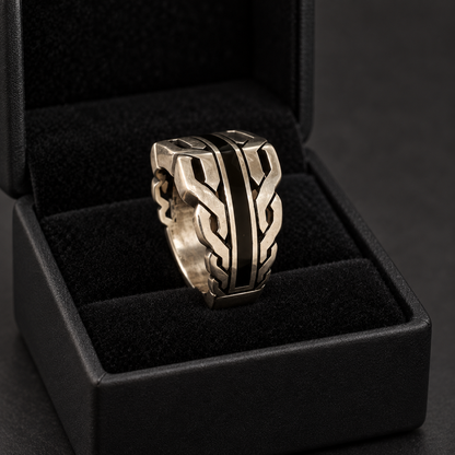 925 Sterling Silver Geometric Black Stripe Ring, Approx. 10.50 g, for Men