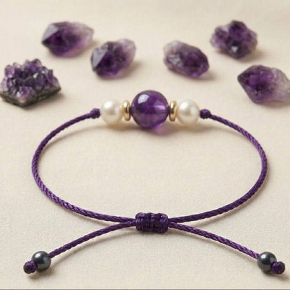 Amethyst With Pearl Adjustable Thread Bracelet (Calm & Protection)