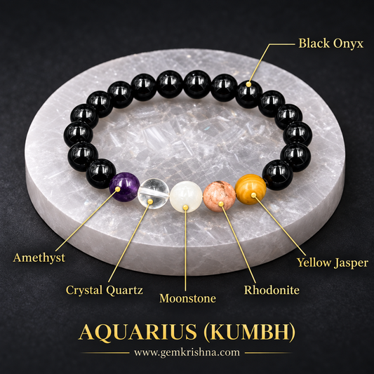 Aquarius (Kumbh) Zodiac Bracelet – 6 Natural Stones: Black Onyx, Amethyst, Crystal Quartz, Moonstone, Rhodonite & Yellow Jasper