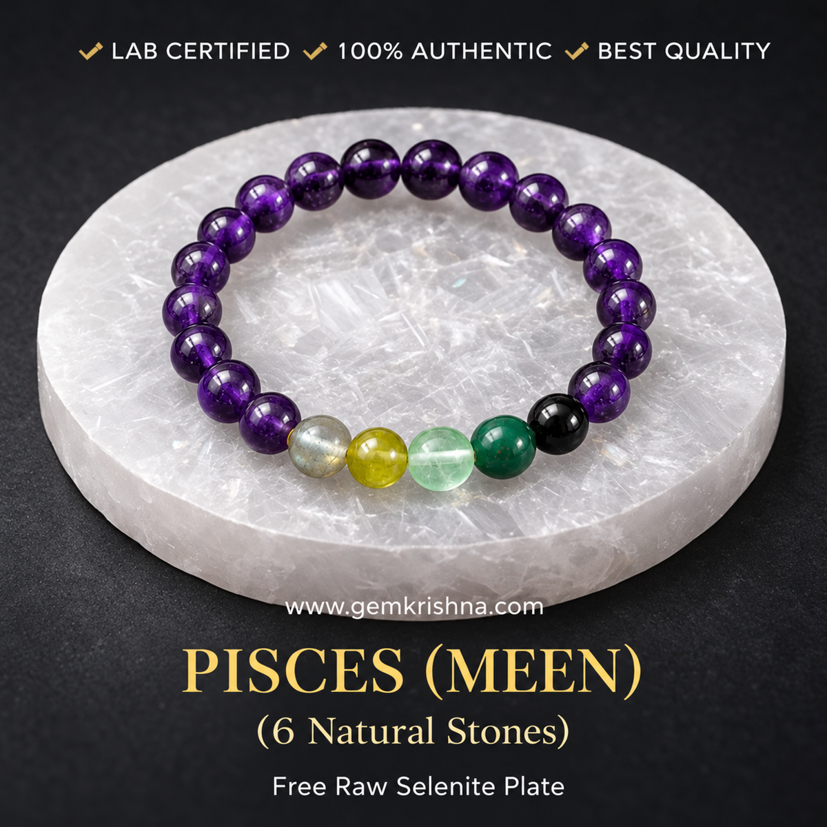 Pisces (Meen) Zodiac Bracelet – 6 Natural Stones: Amethyst, Peridot, Labradorite, Fluorite, Bloodstone & Black Tourmaline