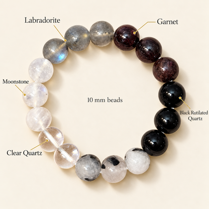 Confidence, Clarity & Balance Bracelet – Garnet, Labradorite, Black Rutilated Quartz, Clear Quartz & Moonstone, 10mm | GemKrishna