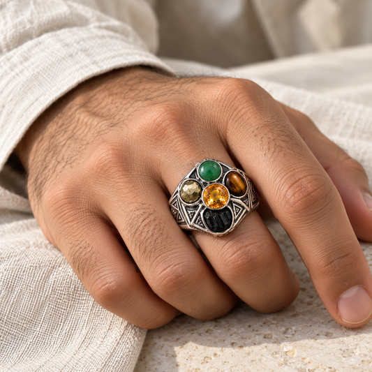 Prosperity & Protection Men’s Ring – 925 Silver with 5 Natural Untreated Stones