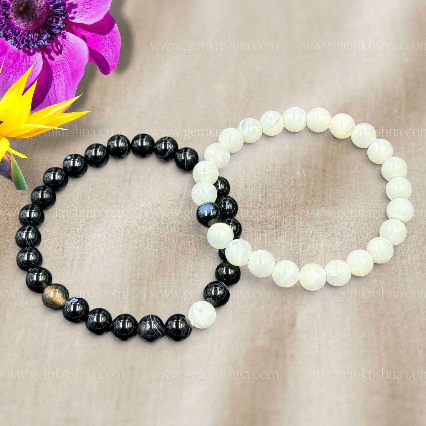 Couple Bracelet Mother of Pearl and Banded Agate (Harmony and Balance)