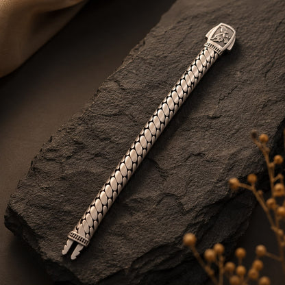 Foxtail weave 925 sterling silver bracelet clasp and woven links on dark slate