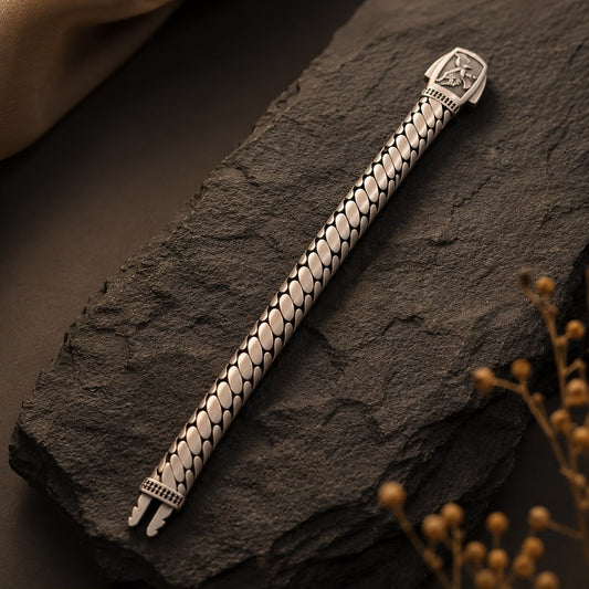 Foxtail weave 925 sterling silver bracelet clasp and woven links on dark slate