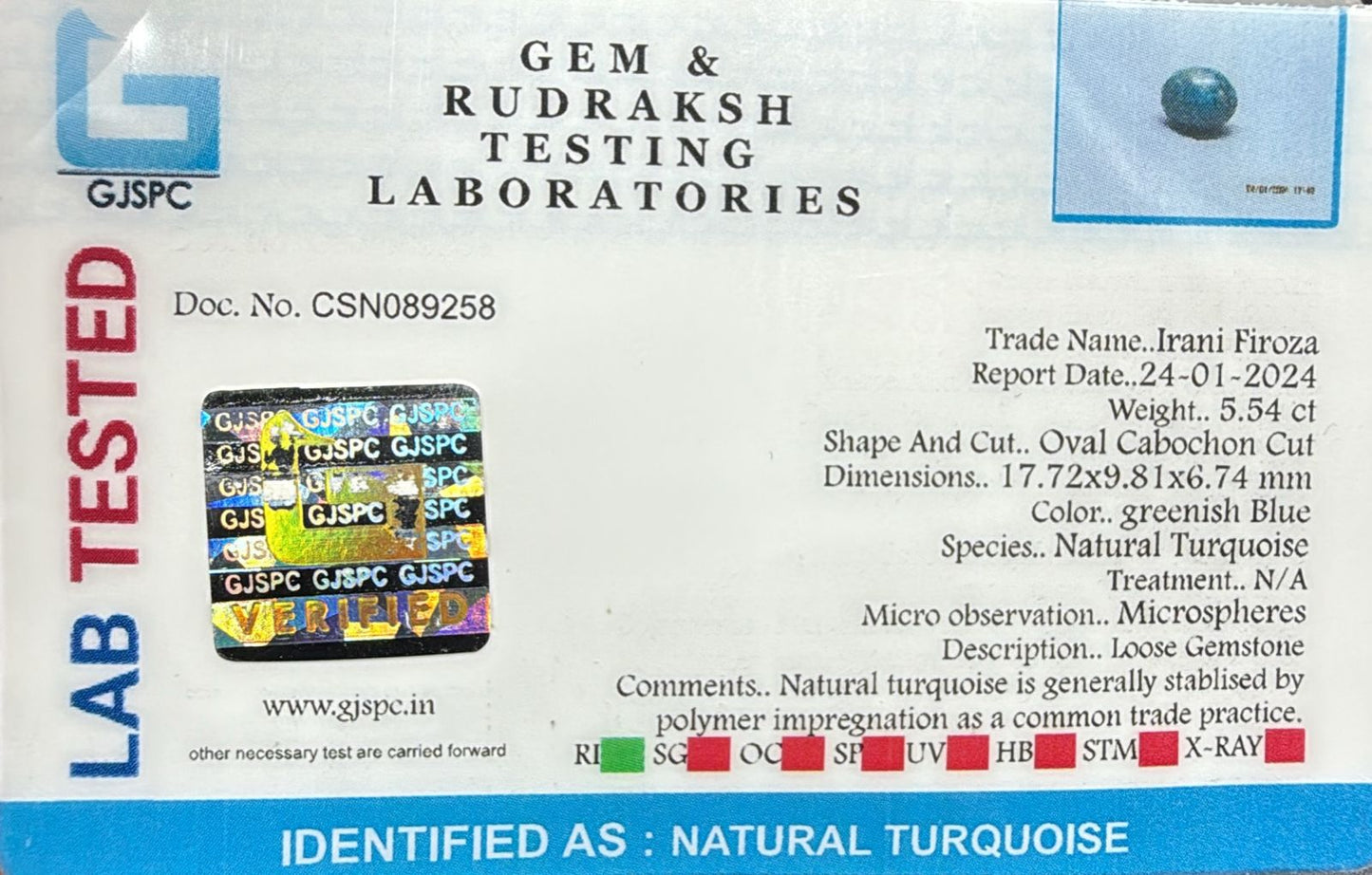 Natural Turquoise 5.54 ct Certificate No. CSN089258