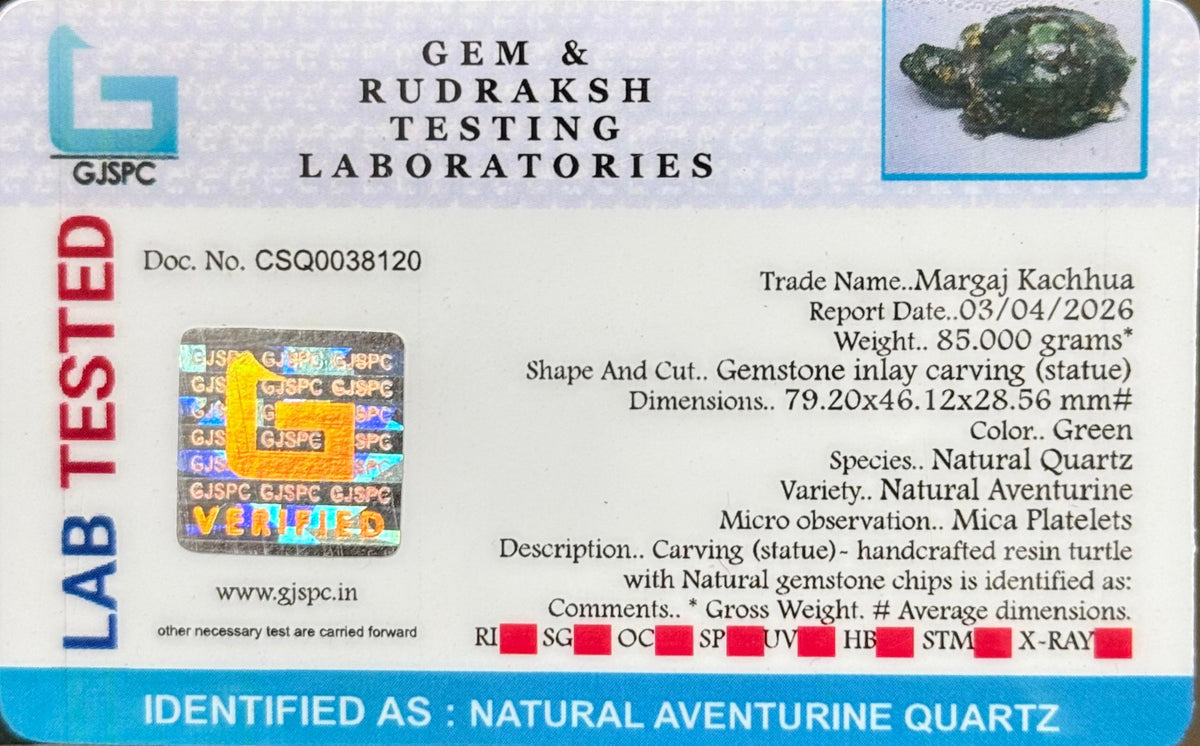 Gem and Rudraksh testing lab certificate label for green turtle gemstone figurine