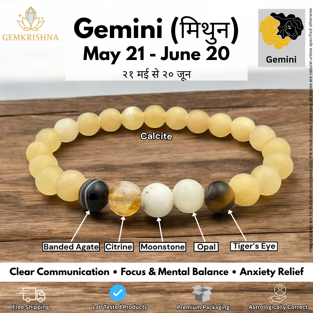 Gemini Bracelet gemstone beads labeled calcite banded agate citrine moonstone opal tigers eye
