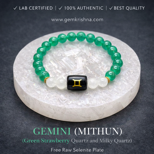 Gemini zodiac bracelet with green strawberry quartz and milky quartz beads on raw selenite plate