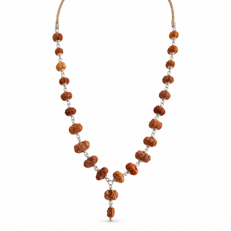 Indra Mala: Rudraksha beads strung with silver links, on white